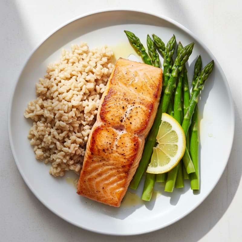 Seared Salmon with Steamed Asparagus and Brown Rice