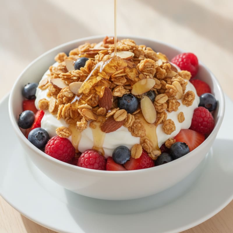 Greek Yogurt Parfait with Mixed Berries and Crunchy Almond Granola