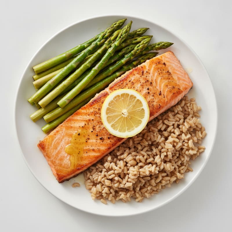 Seared Salmon with Steamed Asparagus and Brown Rice