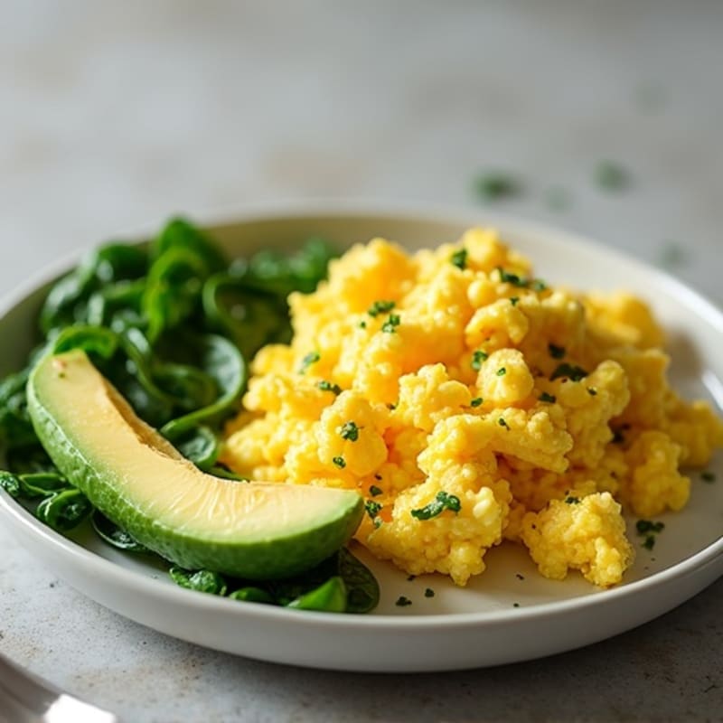 Fluffy Scrambled Eggs with Sautéed Spinach and Avocado