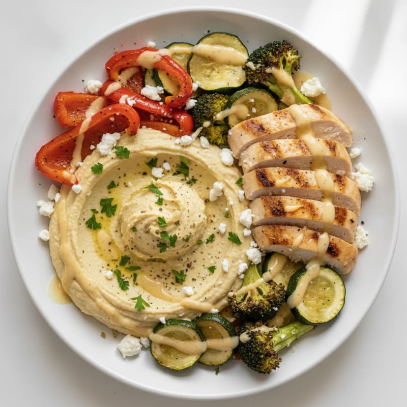 Mediterranean Herb Hummus Platter with Roasted Chicken and Vegetables