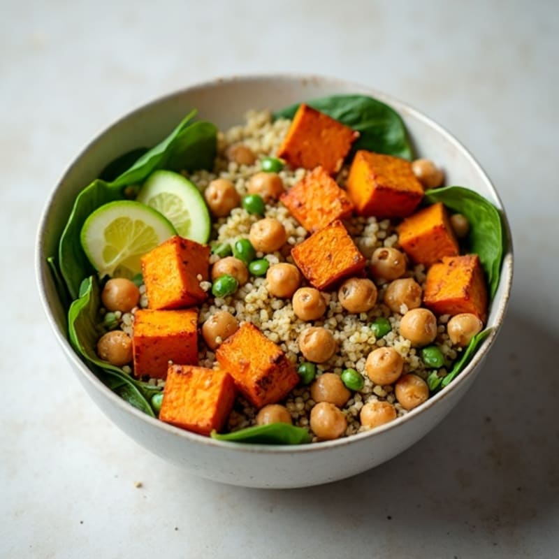 Crispy Roasted Chickpea and Sweet Potato Quinoa Bowl with Creamy Tahini Dressing
