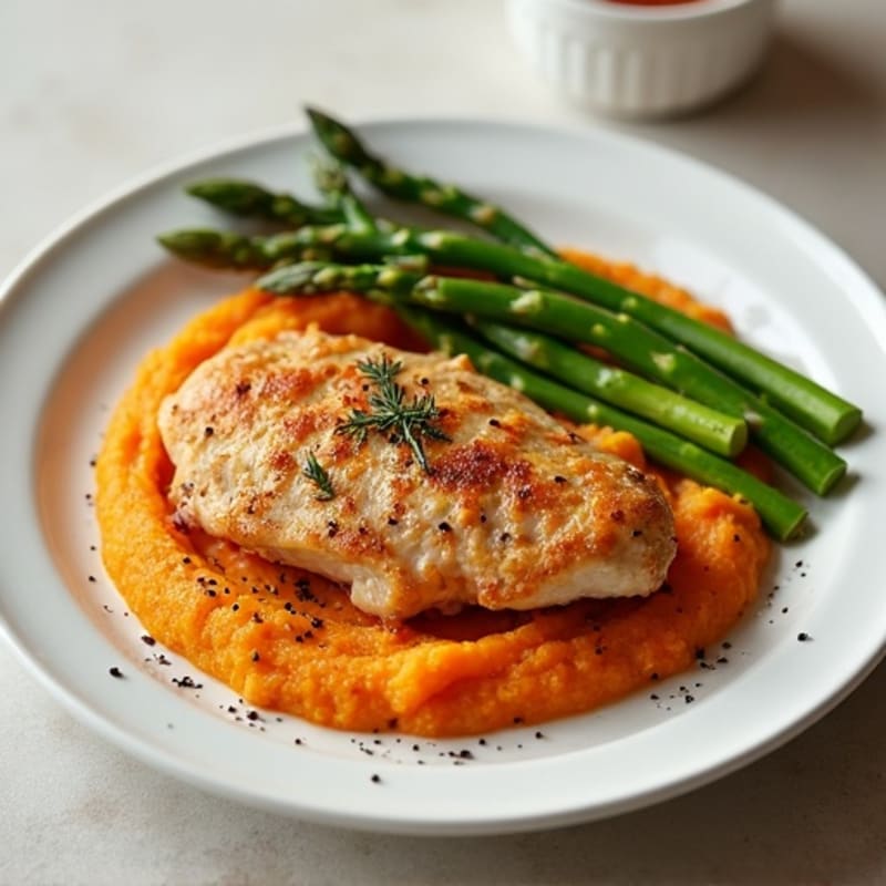 Crispy Pan-Seared Chicken with Silky Sweet Potato Puree and Roasted Asparagus