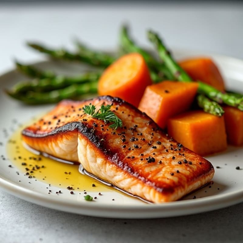 Seared Salmon with Roasted Sweet Potato and Asparagus