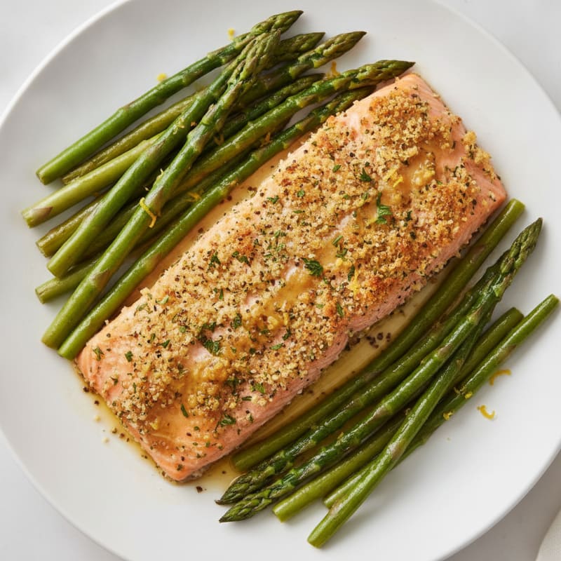 Herb-Crusted Salmon with Roasted Asparagus and String Beans