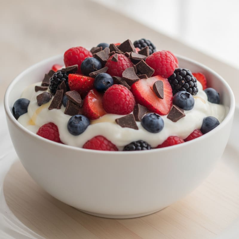 Greek Yogurt Protein Parfait with Mixed Berries and Chocolate Chips