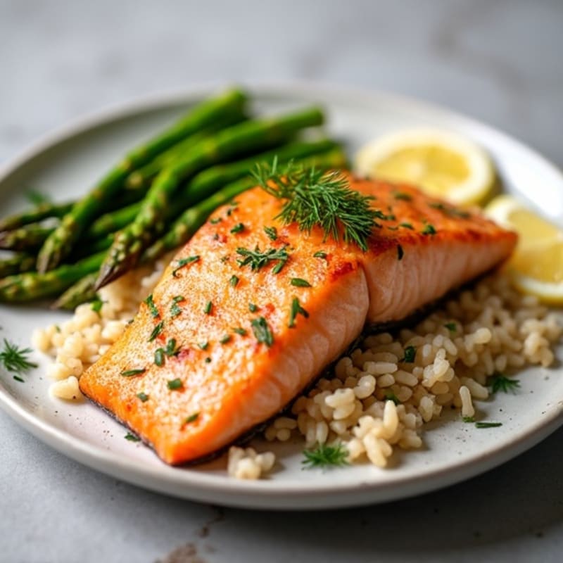 Flaky Pan-Seared Salmon with Lemon-Herb Brown Rice and Roasted Asparagus