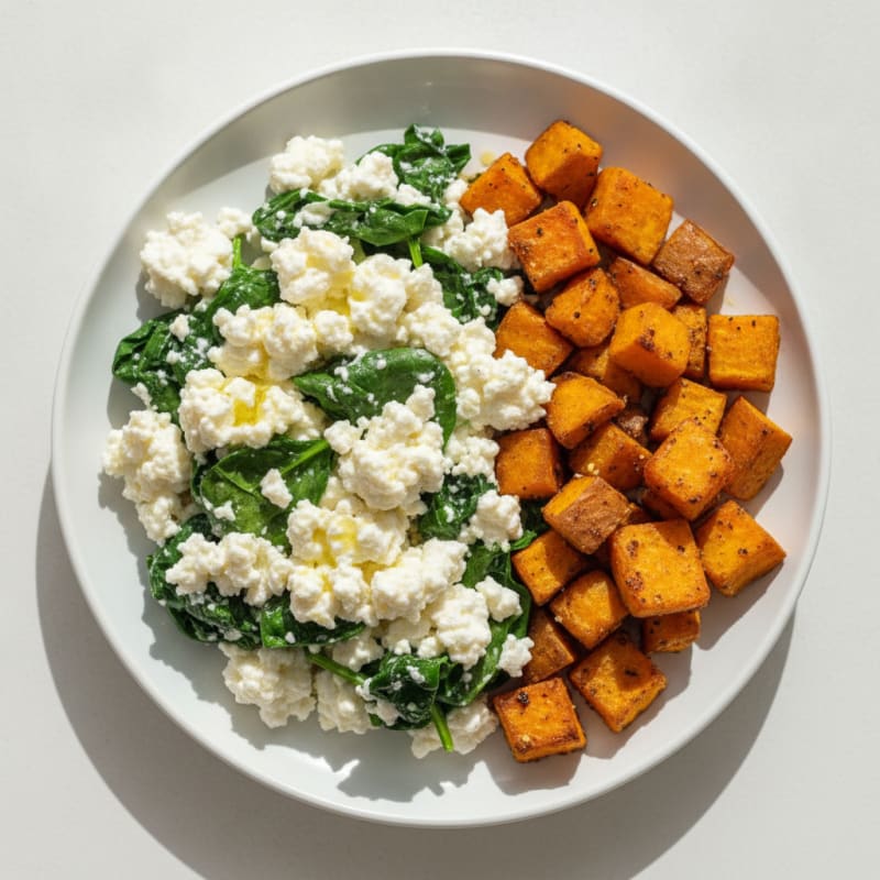 Cottage Cheese Egg White Scramble with Spinach and Roasted Sweet Potato