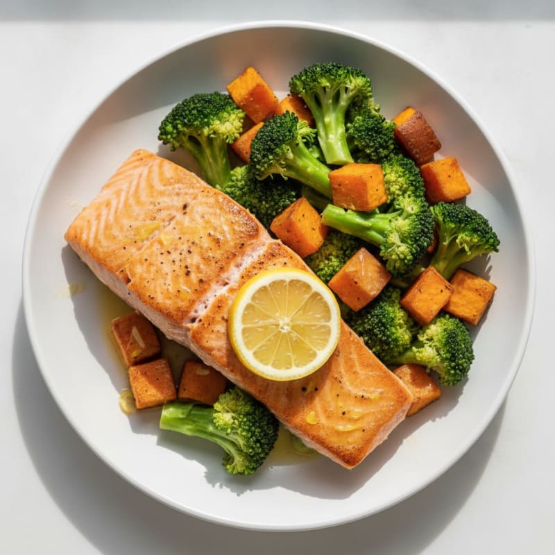 Seared Salmon with Steamed Broccoli and Roasted Sweet Potato