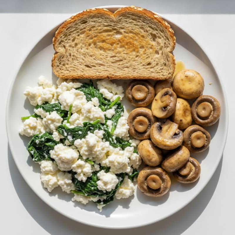 Egg White and Spinach Scramble with Cottage Cheese and Sautéed Mushrooms