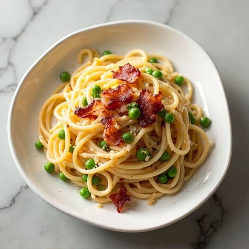 Healthy Creamy Carbonara with Crispy Lean Bacon and Peas