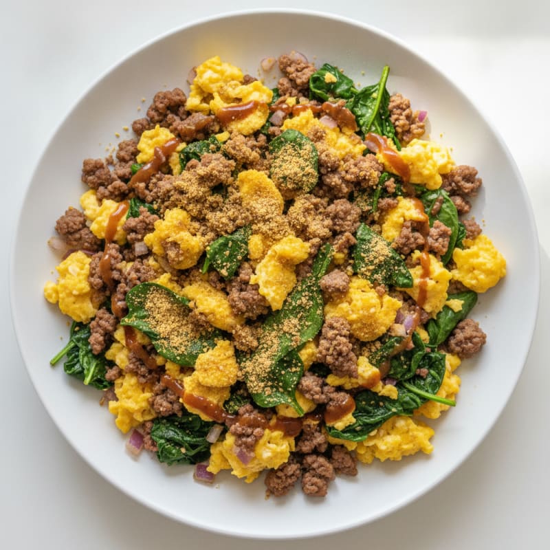 Scrambled Eggs with Ground Beef and Spinach