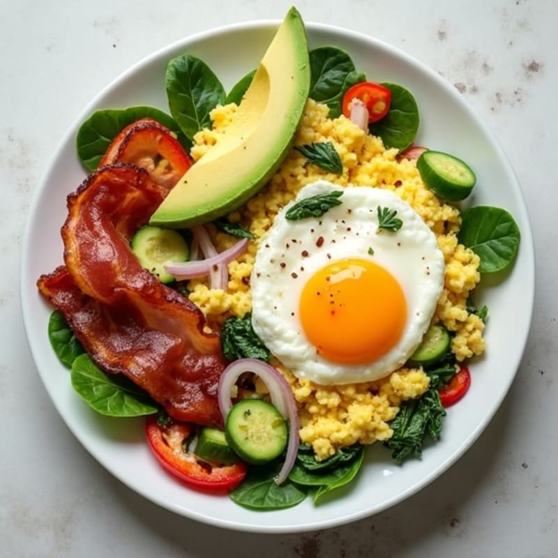 Egg White Veggie Scramble with Cottage Cheese and Turkey Bacon
