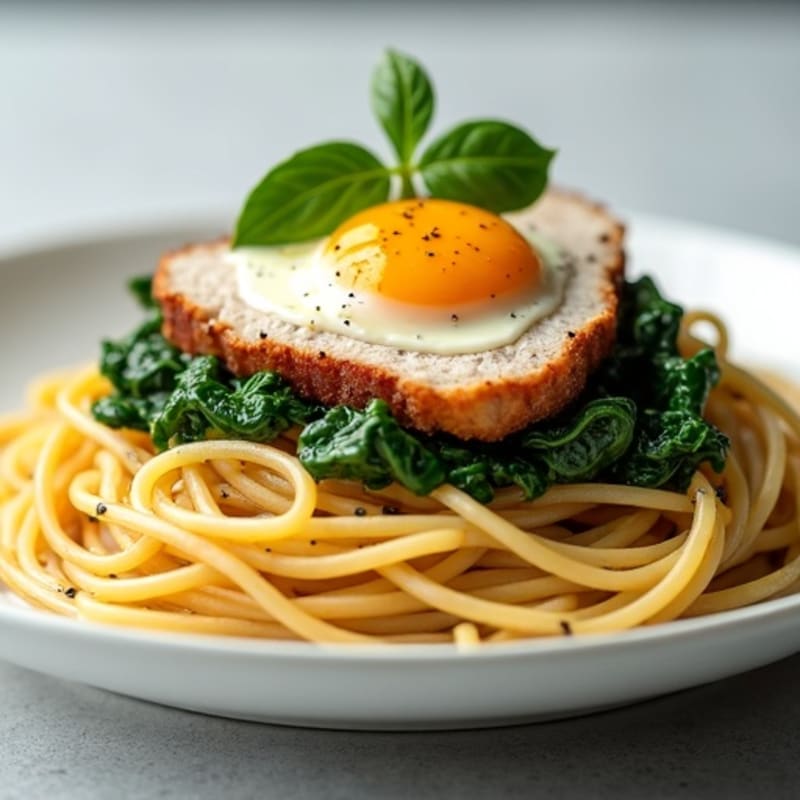Creamy Carbonara-Style Spaghetti with Crispy Lean Pork and Wilted Spinach