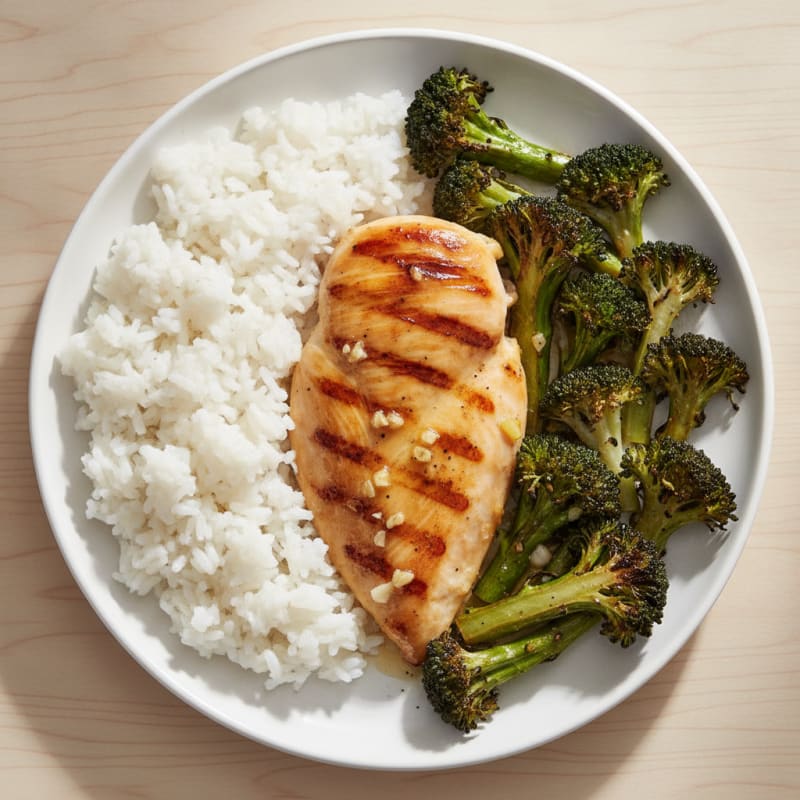 Grilled Chicken Breast with Steamed Rice and Roasted Broccoli