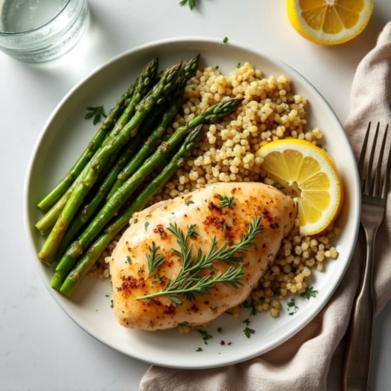 Sheet Pan Lemon Herb Chicken and Crispy Roasted Asparagus with Quinoa