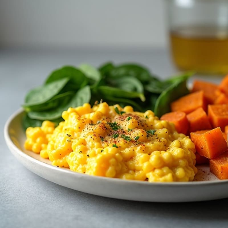 Protein-Packed Scrambled Eggs with Roasted Sweet Potatoes and Fresh Spinach