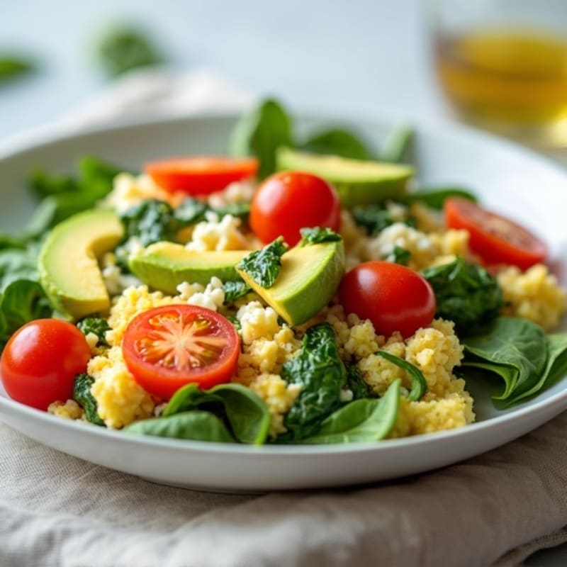 Egg White Spinach Scramble with Cottage Cheese and Cherry Tomatoes