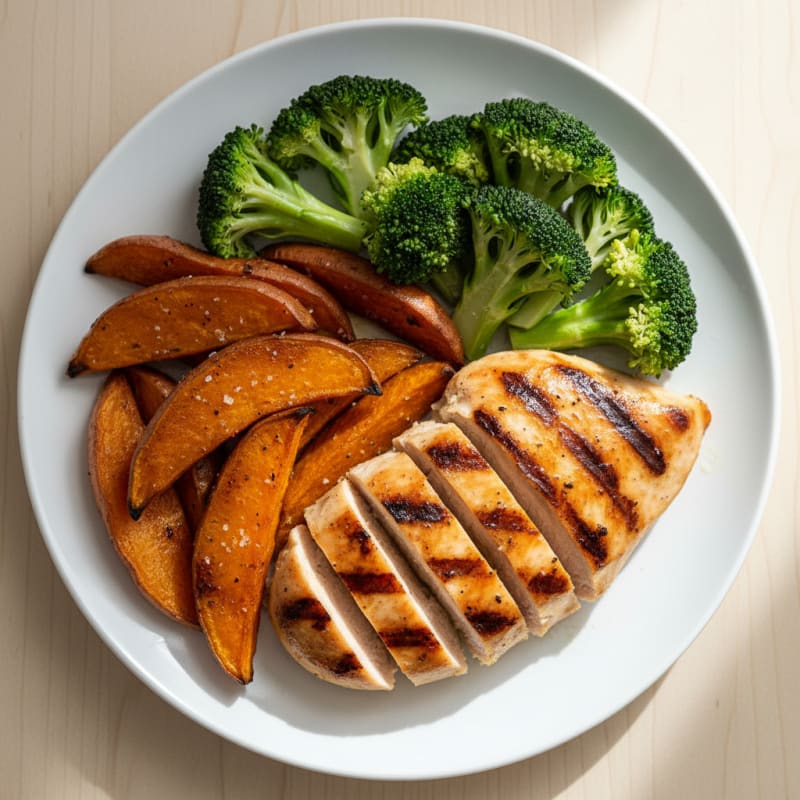 Grilled Chicken Breast with Roasted Sweet Potato and Steamed Broccoli