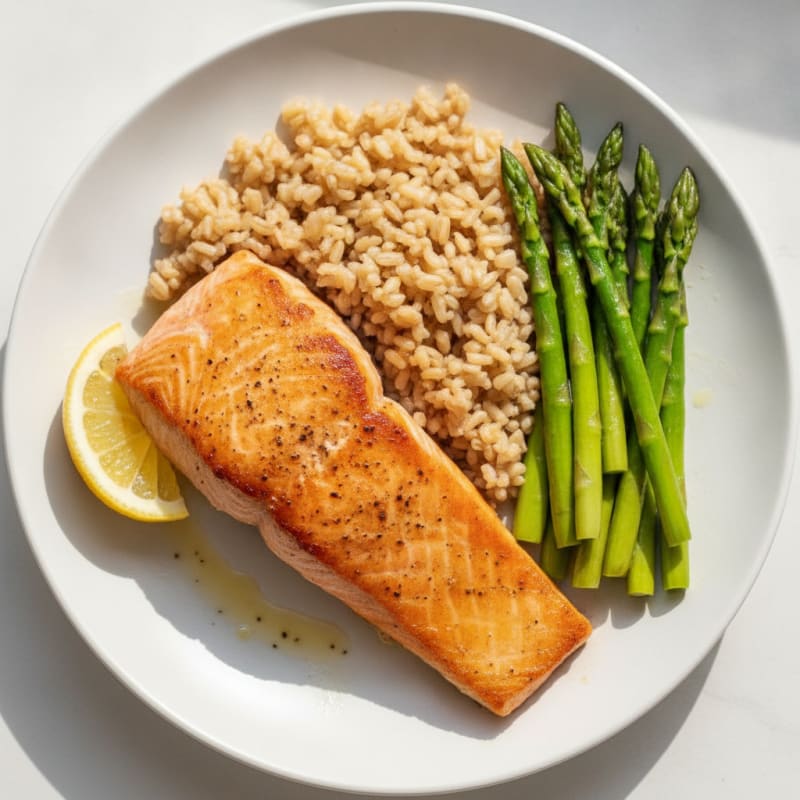 Seared Salmon with Steamed Asparagus and Brown Rice