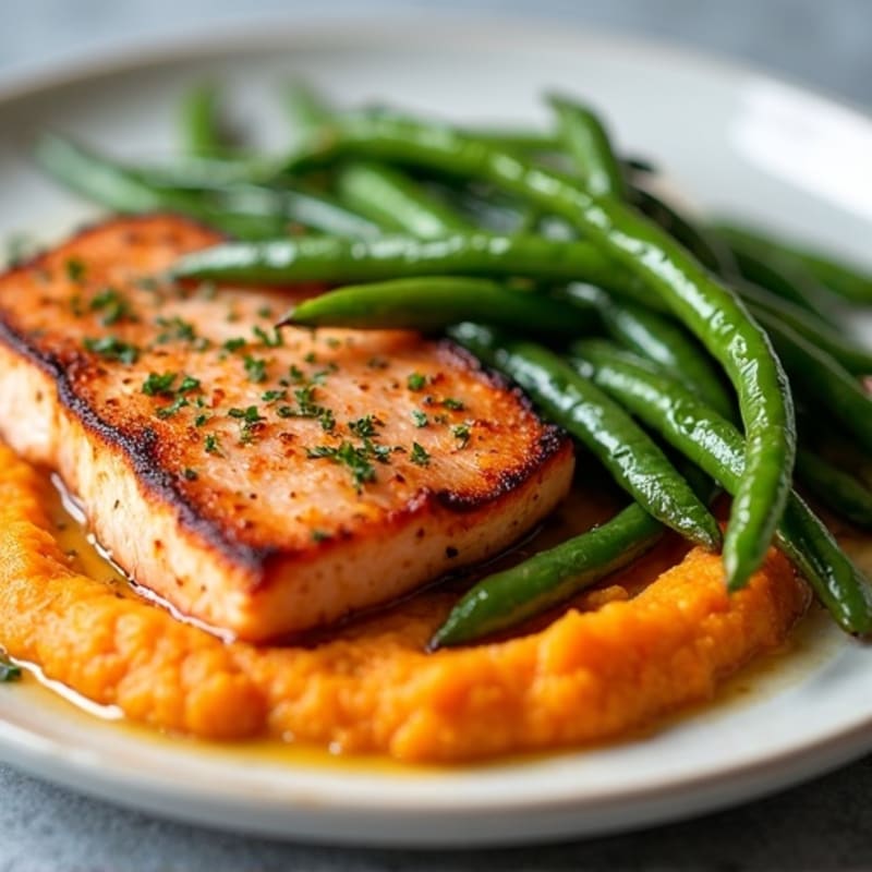 Seared Salmon with Garlic Green Beans and Sweet Potato Mash