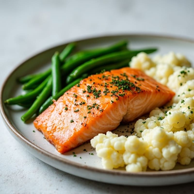 Seared Salmon with Steamed Green Beans and Garlic Mashed Cauliflower
