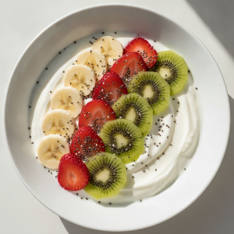 Greek Yogurt Bowl with Sliced Bananas, Strawberries and Chia Seeds