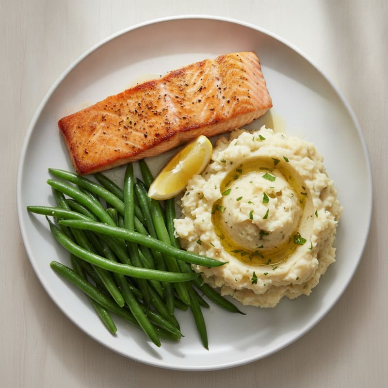 Seared Salmon with Steamed Green Beans and Garlic Mashed Potatoes