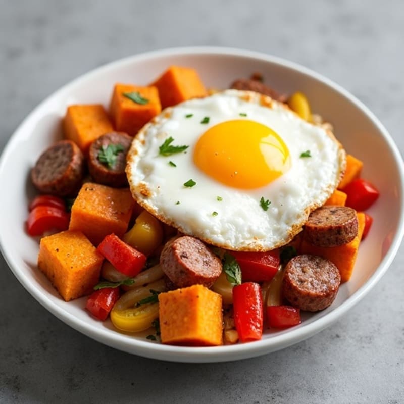 Crispy Sweet Potato and Sausage Hash with Fried Eggs