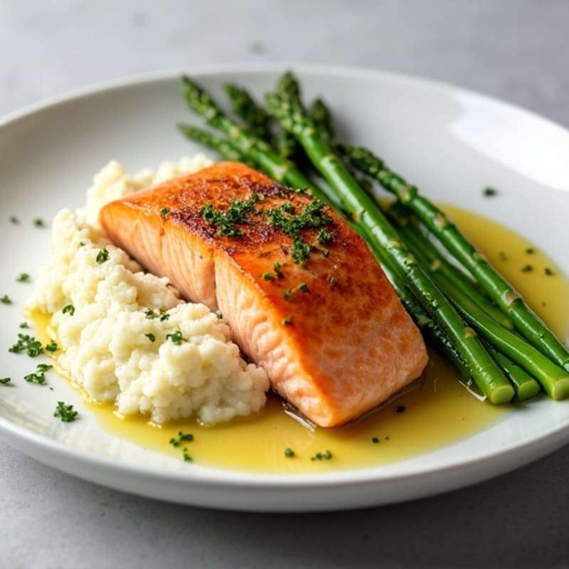 Seared Salmon with Steamed Asparagus and Garlic Cauliflower Mash