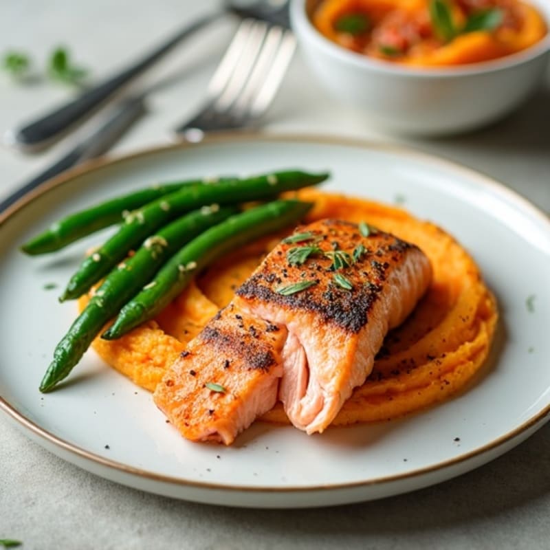 Seared Salmon with Garlic Green Beans and Sweet Potato Mash