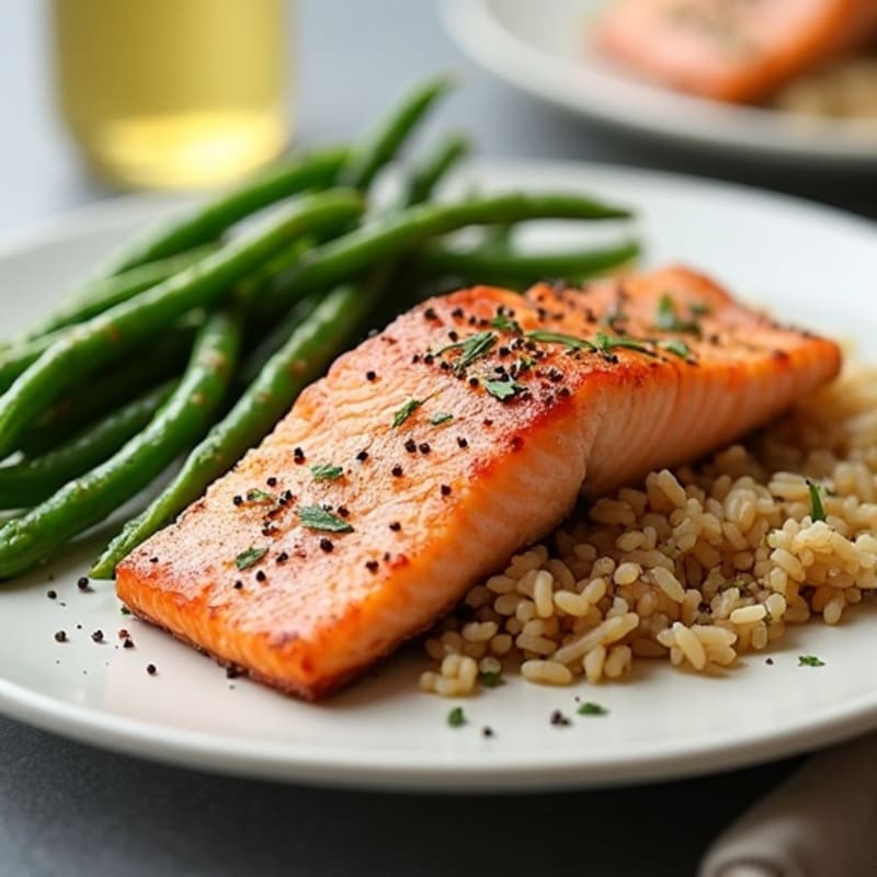 Seared Salmon with Garlic Green Beans and Brown Rice