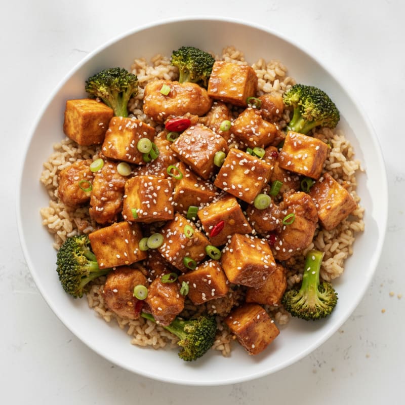 General Tso's Chicken and Tofu Rice Bowl
