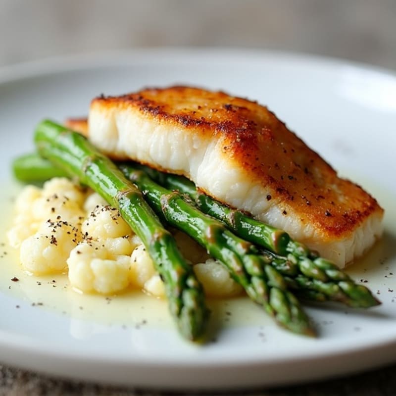 Seared Cod Fillet with Roasted Asparagus and Cauliflower Mash