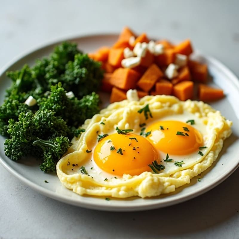 Fluffy Scrambled Eggs with Sautéed Greens and Crispy Sweet Potato Hash