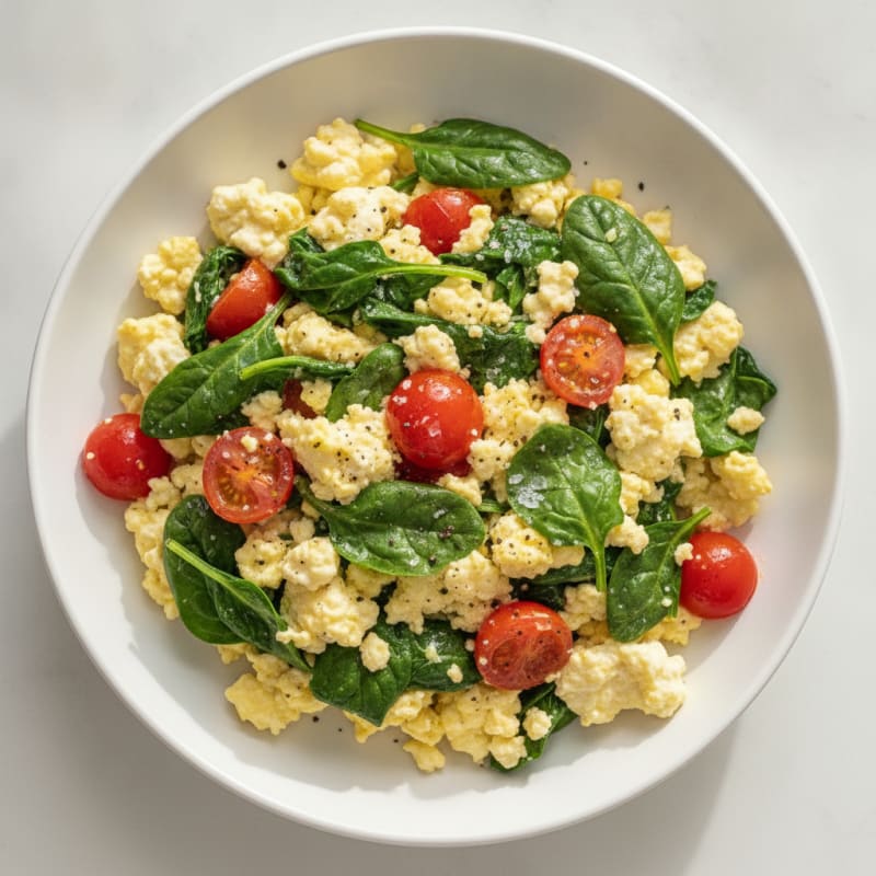 Cottage Cheese Egg Scramble with Spinach and Tomatoes