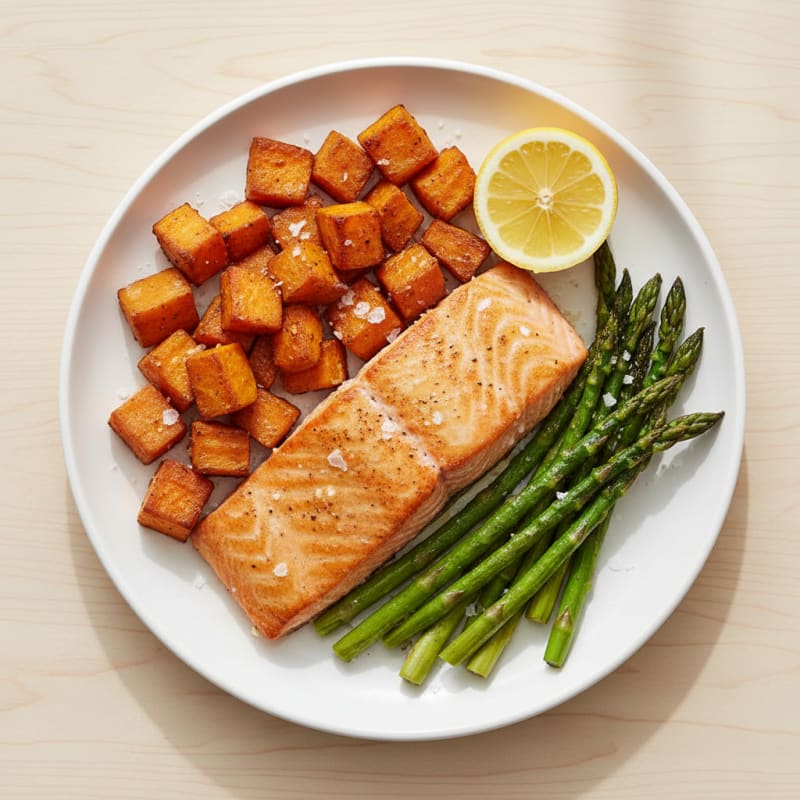 Pan-Seared Salmon with Roasted Sweet Potato and Asparagus