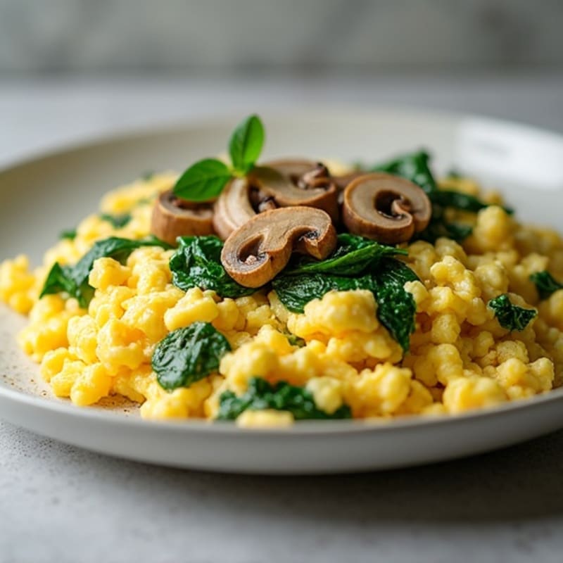 Fluffy Scrambled Eggs with Fresh Spinach and Mushrooms