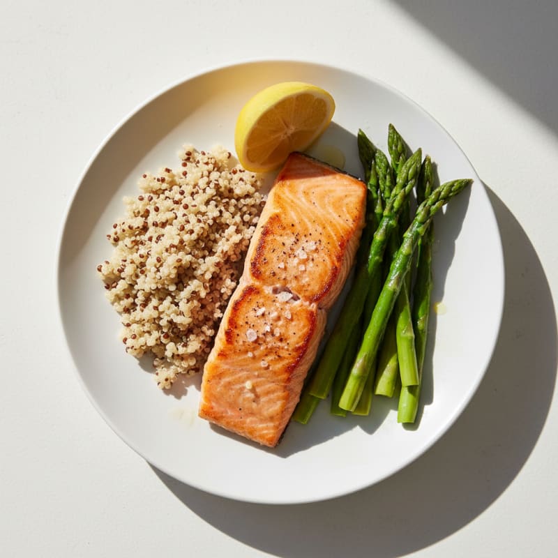 Seared Salmon Fillet with Steamed Asparagus and Quinoa