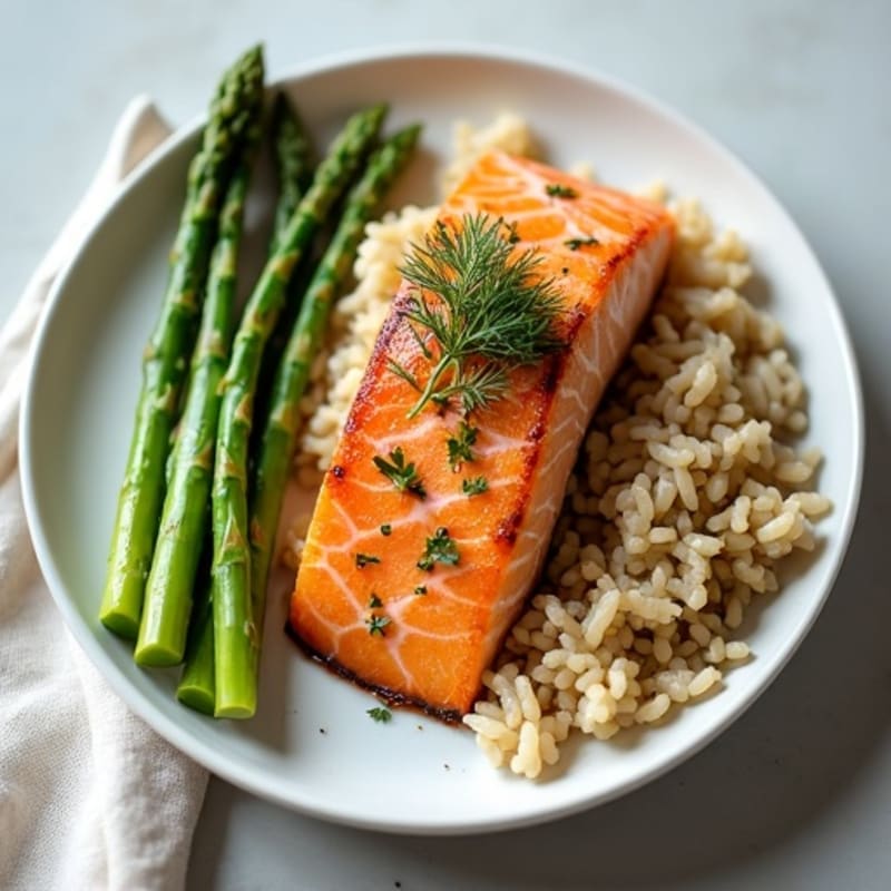 Seared Salmon Fillet with Steamed Asparagus and Herbed Brown Rice