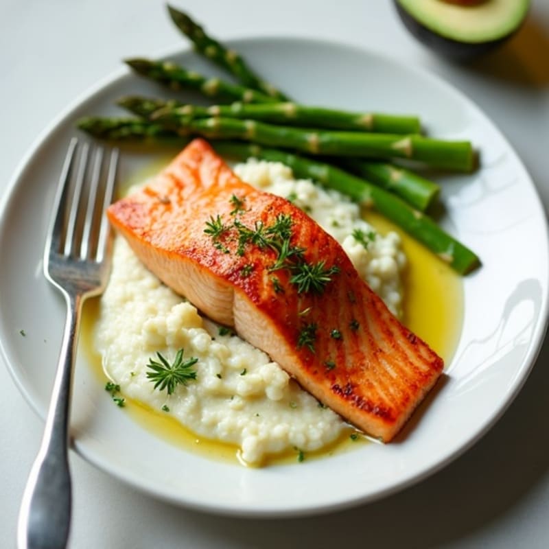 Seared Salmon with Creamy Garlic Cauliflower Mash and Steamed Asparagus
