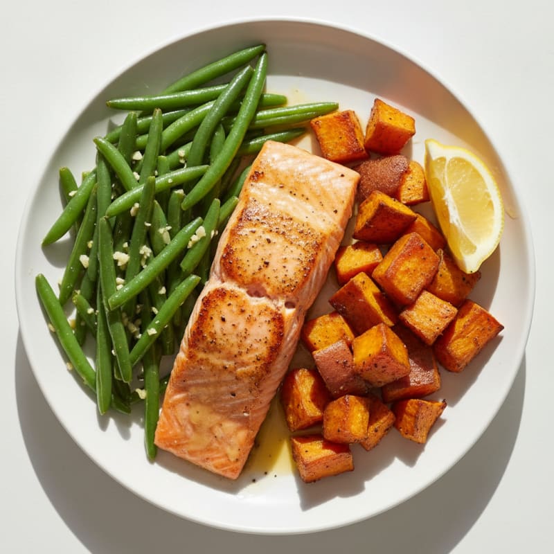 Seared Salmon with Garlic Green Beans and Roasted Sweet Potato