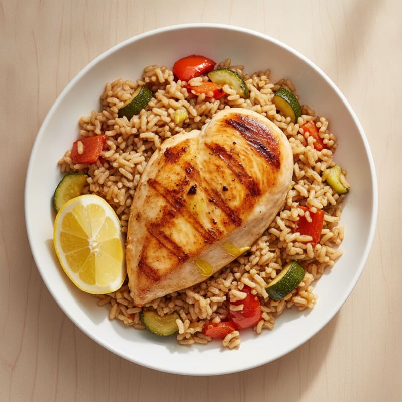 Seared Chicken Breast with Roasted Vegetable Rice Pilaf