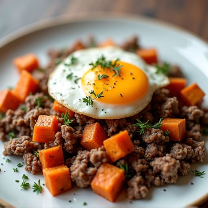Herb-Seasoned Ground Beef and Roasted Sweet Potato Hash