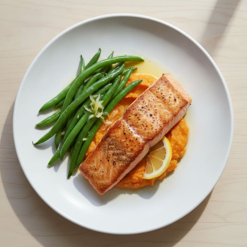 Seared Salmon with Steamed Green Beans and Sweet Potato Mash