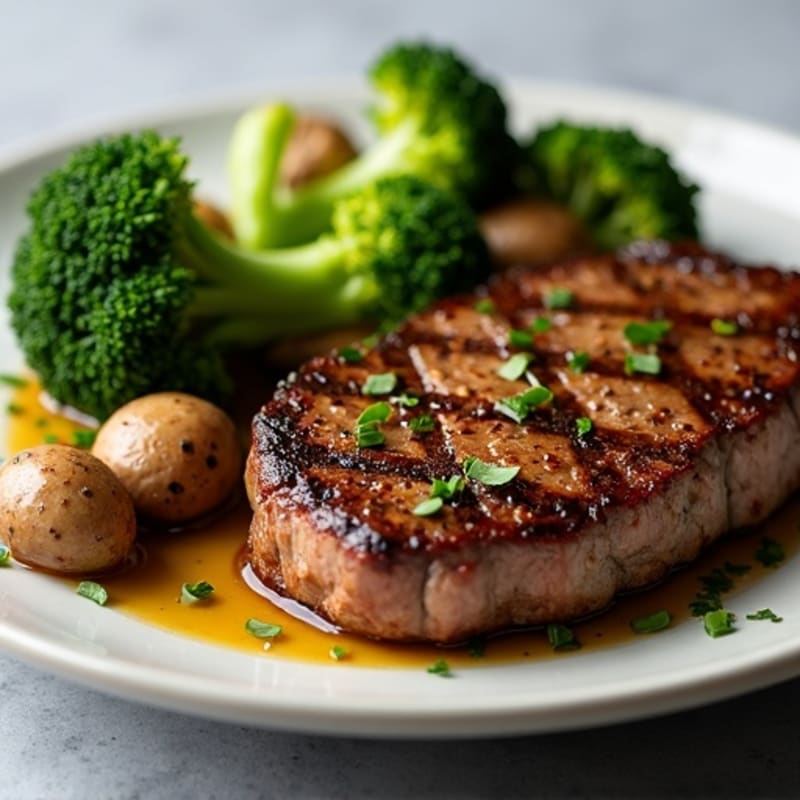 Seared Steak with Roasted Broccoli and Garlic Mushrooms