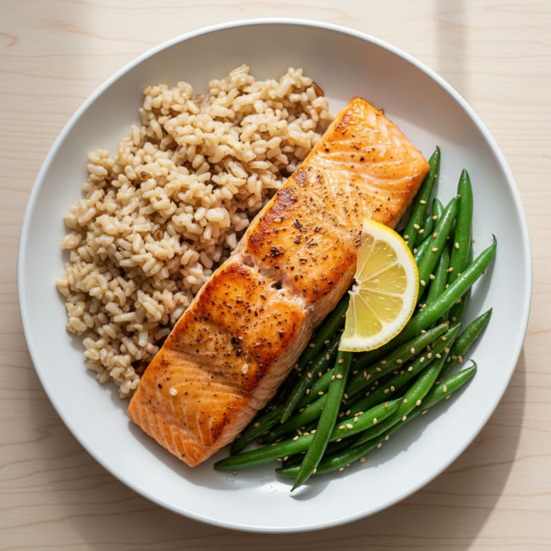 Seared Salmon with Steamed Green Beans and Brown Rice