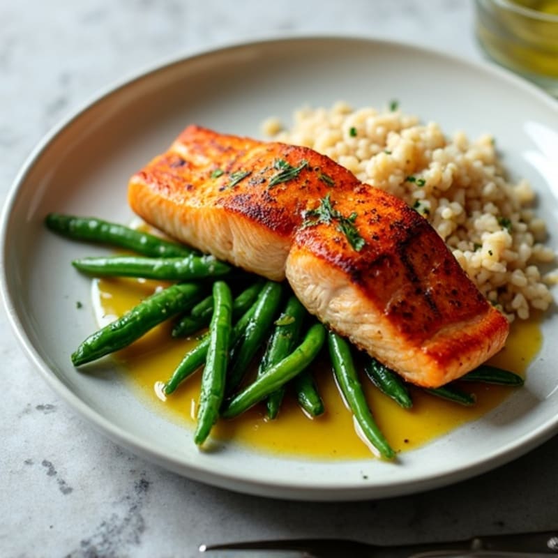 Seared Salmon with Garlic Green Beans and Brown Rice