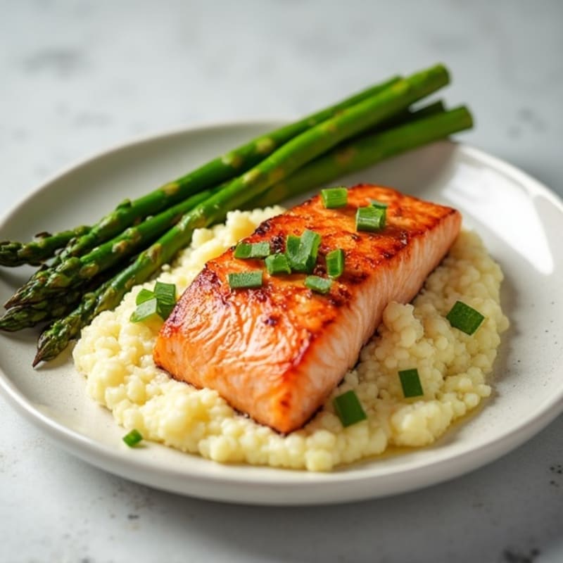 Seared Salmon with Steamed Asparagus and Cauliflower Mash