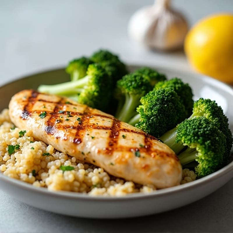 Grilled Lemon-Garlic Chicken Breast with Quinoa and Roasted Broccoli